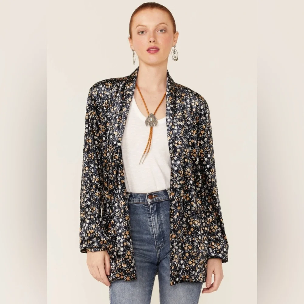 Molly Bracken Blazer Women’s Ditsy Floral Print Stretch Velvet Open Front